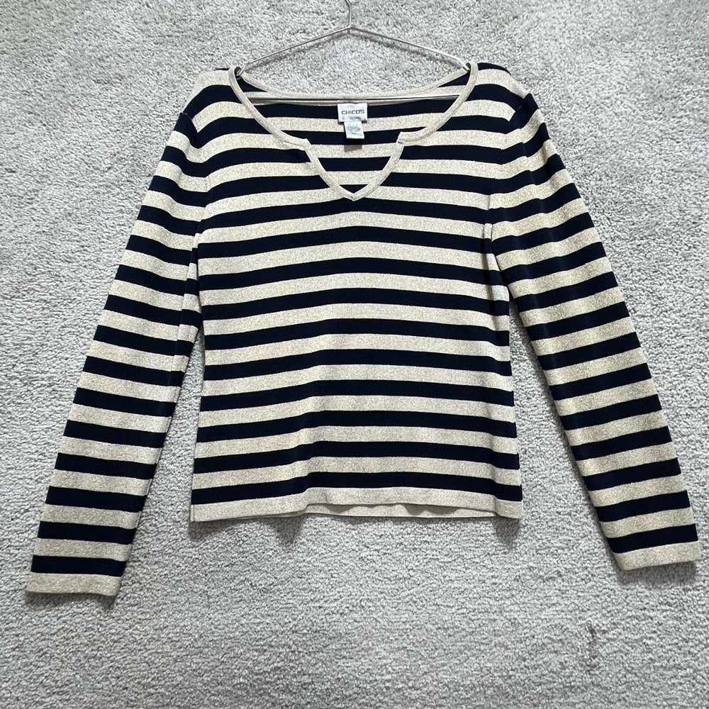 Chico's Sweater Women's 1 Silk Blue Gold Striped Long Sleeves V-Neck‎ Pullover